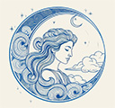 This is an illustration of a woman's head with long flowing hair in light blue and yellow colors surrounded by a universe with stars and the moon in the background.